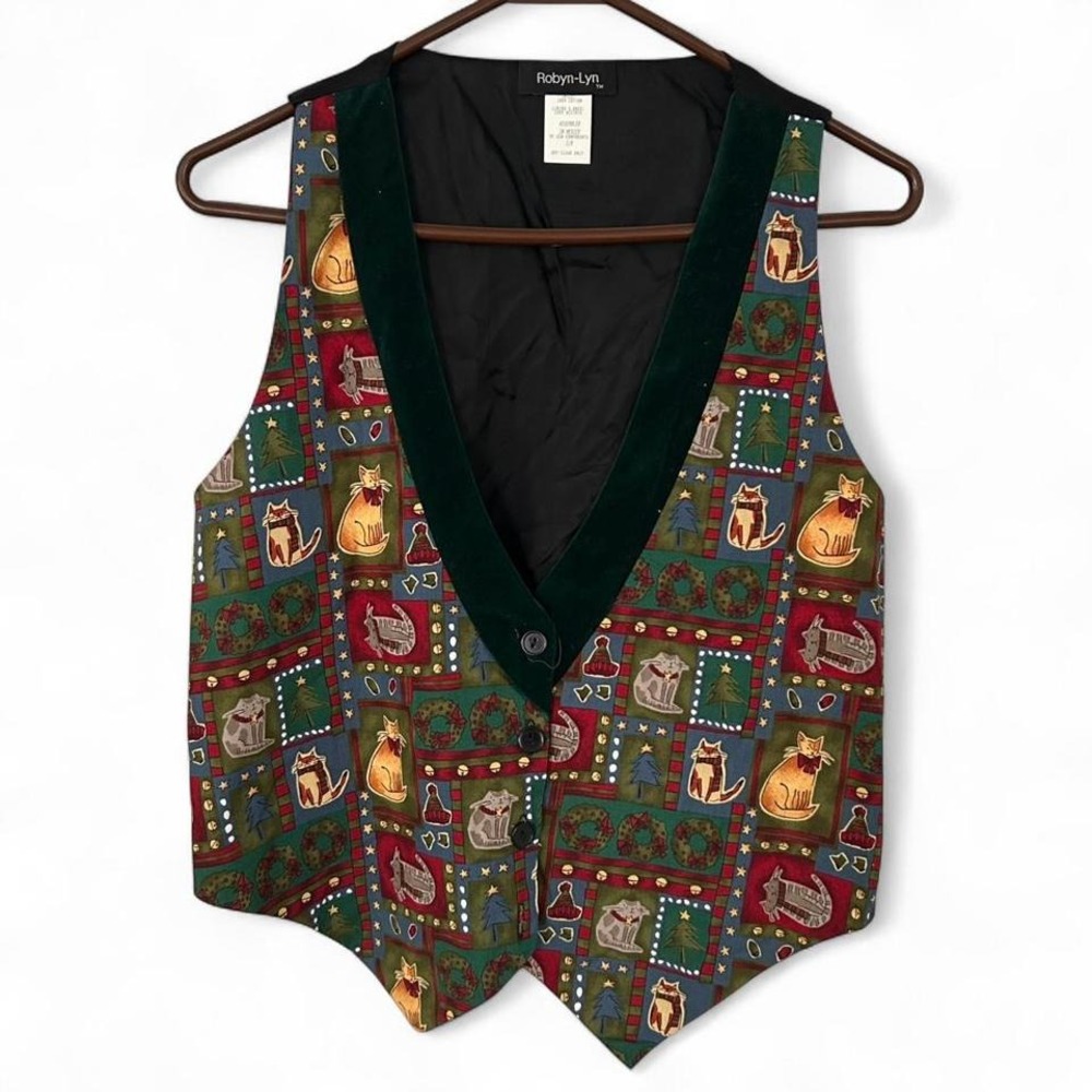 Women's‎ retro 90s Christmas cats print vintage vest by Robyn-Lyn size S/M (m5)